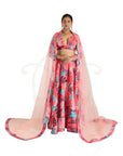 Floral Red and Peach Fuzz Polyester Modal Embroidery Lehenga, Blouse and Net Pearl Embroidery Dupatta Set.