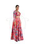 Floral Red and Peach Fuzz Polyester Modal Embroidery Lehenga, Blouse and Net Pearl Embroidery Dupatta Set.