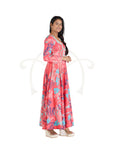 Floral Red And Peach Fuzz Polyester Modal Embroidery Yoke Long Dress With A Blue Abstract Floral Polyester Cabi Set.