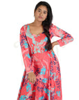 Floral Red And Peach Fuzz Polyester Modal Embroidery Yoke Long Dress With A Blue Abstract Floral Polyester Cabi Set.