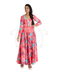 Floral Red And Peach Fuzz Polyester Modal Embroidery Yoke Long Dress With A Blue Abstract Floral Polyester Cabi Set.