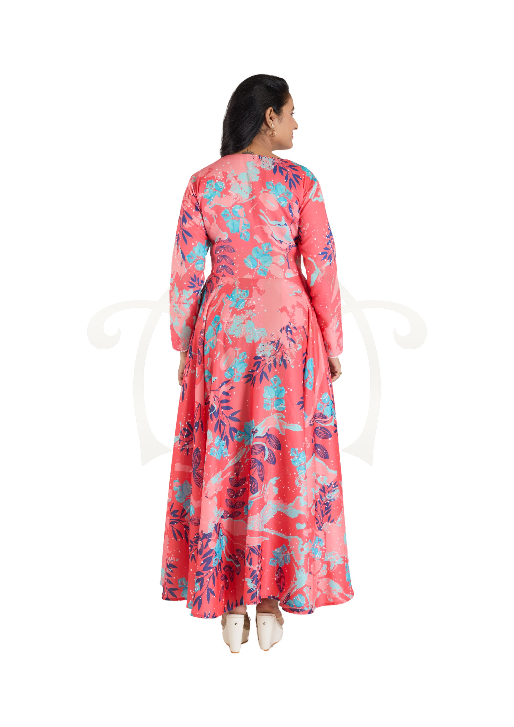 Floral Red And Peach Fuzz Polyester Modal Embroidery Yoke Long Dress With A Blue Abstract Floral Polyester Cabi Set.