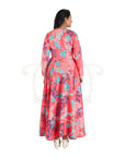 Floral Red And Peach Fuzz Polyester Modal Embroidery Yoke Long Dress With A Blue Abstract Floral Polyester Cabi Set.