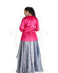 Pink Plain Satin Kurta With Blue Embroidered Yoke With Grey Organza Skirt And Blue Abstract Floral Polyester Cabi Dupatta Set.