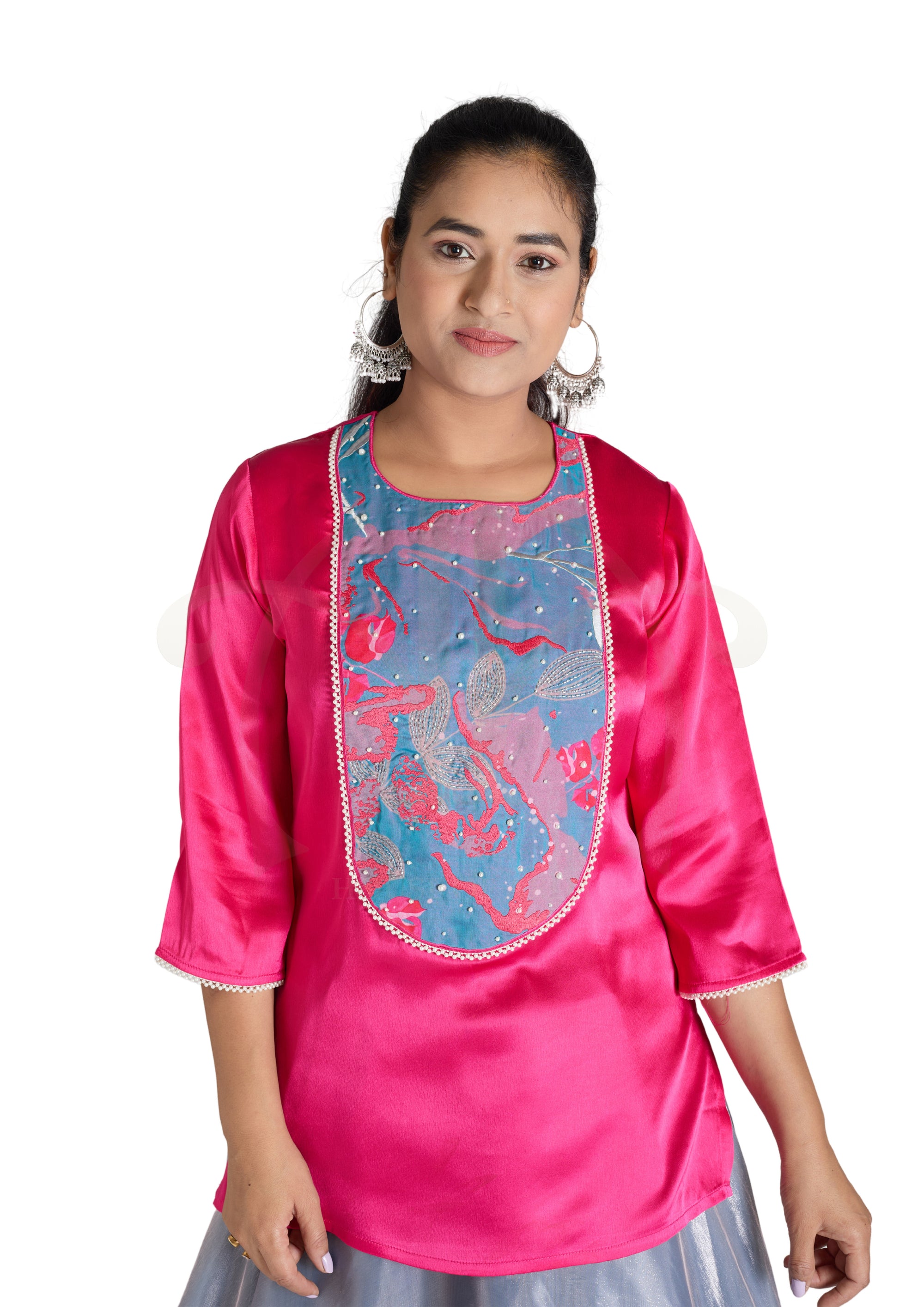 Pink Plain Satin Kurta With Blue Embroidered Yoke With Grey Organza Skirt And Blue Abstract Floral Polyester Cabi Dupatta Set.