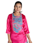 Pink Plain Satin Kurta With Blue Embroidered Yoke With Grey Organza Skirt And Blue Abstract Floral Polyester Cabi Dupatta Set.