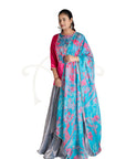 Pink Plain Satin Kurta With Blue Embroidered Yoke With Grey Organza Skirt And Blue Abstract Floral Polyester Cabi Dupatta Set.