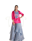 Pink Plain Satin Kurta With Blue Embroidered Yoke With Grey Organza Skirt And Blue Abstract Floral Polyester Cabi Dupatta Set.