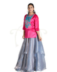 Pink Plain Satin Kurta With Blue Embroidered Yoke With Grey Organza Skirt And Blue Abstract Floral Polyester Cabi Dupatta Set.