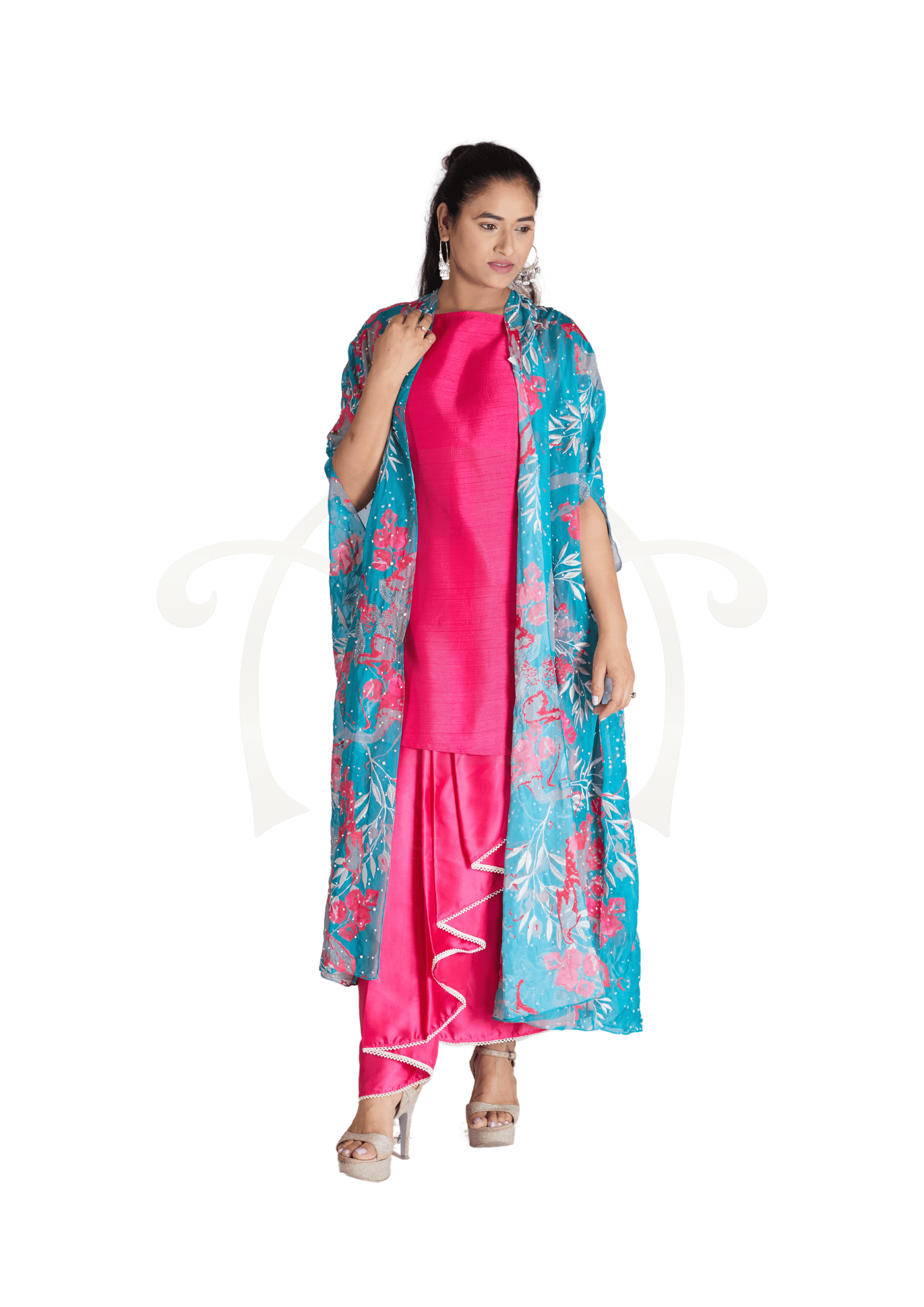 Plain Pink Satin Kurta And Dhoti With Embroidered Polyester Cabi Cape Set.