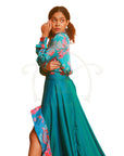 Blue Abstract Floral Printed  Satin Shirt and Blue Green Kit Kat Satin Asymmetrical Skirt With Printed Polyester Modal Border.