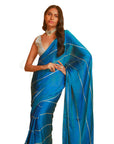 Blue Green Gota Patti Kitkat Satin Saree & Sequin Chevron Georgette Golden & Silver V Neck Blouse