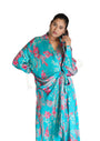 Printed Abstract Floral Blue Satin Long Knot Dress.