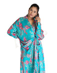 Printed Abstract Floral Blue Satin Long Knot Dress.