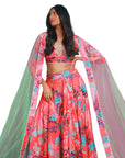 Floral Red and Peach Fuzz Polyester Modal Embroidery Lehenga, Blouse and Net Pearl Embroidery Dupatta Set.