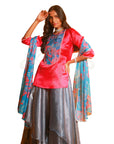 Pink Plain Satin Kurta With Blue Embroidered Yoke With Grey Organza Skirt And Blue Abstract Floral Polyester Cabi Dupatta Set.