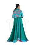 Blue Abstract Floral Printed  Satin Shirt and Blue Green Kit Kat Satin Asymmetrical Skirt With Printed Polyester Modal Border.