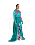 Blue Abstract Floral Printed  Satin Shirt and Blue Green Kit Kat Satin Asymmetrical Skirt With Printed Polyester Modal Border.