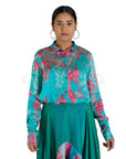 Blue Abstract Floral Printed  Satin Shirt and Blue Green Kit Kat Satin Asymmetrical Skirt With Printed Polyester Modal Border.