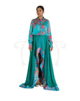 Blue Abstract Floral Printed  Satin Shirt and Blue Green Kit Kat Satin Asymmetrical Skirt With Printed Polyester Modal Border.