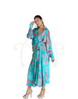 Printed Abstract Floral Blue Satin Long Knot Dress.