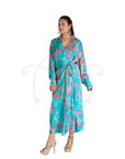 Printed Abstract Floral Blue Satin Long Knot Dress.