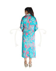 Printed Abstract Floral Blue Satin Long Knot Dress.