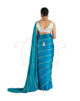 Blue Green Gota Patti Kitkat Satin Saree & Sequin Chevron Georgette Golden & Silver V Neck Blouse