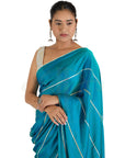 Blue Green Gota Patti Kitkat Satin Saree & Sequin Chevron Georgette Golden & Silver V Neck Blouse