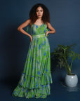 Green Abstract Floral Print Georgette Long Flared Layered Gown