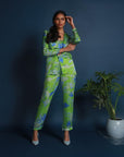 Green Abstract Floral Print Satin Coat, Pants and Blouse Suit