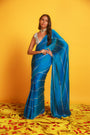 Blue Green Gota Patti Kitkat Satin Saree & Sequin Chevron Georgette Golden & Silver V Neck Blouse