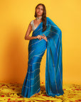 Blue Green Gota Patti Kitkat Satin Saree & Sequin Chevron Georgette Golden & Silver V Neck Blouse