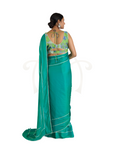 Green Blue Kit Kat Satin Plain Saree with Silver Gota Patti with Pearl Border and Green Abstract Floral Embroidered Blouse Set.