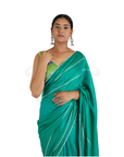 Green Blue Kit Kat Satin Plain Saree with Silver Gota Patti with Pearl Border and Green Abstract Floral Embroidered Blouse Set.