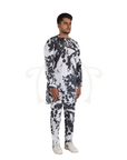 Black & White Leaves Print Polyester Modal Kurta Pant Set