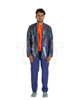 Black Houndstooth Print Satin Sequin Jacket With Polyester Cotton Orange Tshirt And Blue Cotton Pants Suit.