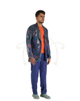 Black Houndstooth Print Satin Sequin Jacket With Polyester Cotton Orange Tshirt And Blue Cotton Pants Suit.