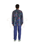 Black Houndstooth Print Satin Sequin Jacket With Polyester Cotton Orange Tshirt And Blue Cotton Pants Suit.