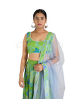 Abstract Floral Print Polyester Cabi Lehenga and Blouse With Pearl Border and Net Dupatta with Green Abstract Floral Polyester Modal and Pearl Border