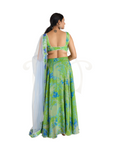 Abstract Floral Print Polyester Cabi Lehenga and Blouse With Pearl Border and Net Dupatta with Green Abstract Floral Polyester Modal and Pearl Border