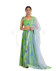 Abstract Floral Print Polyester Cabi Lehenga and Blouse With Pearl Border and Net Dupatta with Green Abstract Floral Polyester Modal and Pearl Border