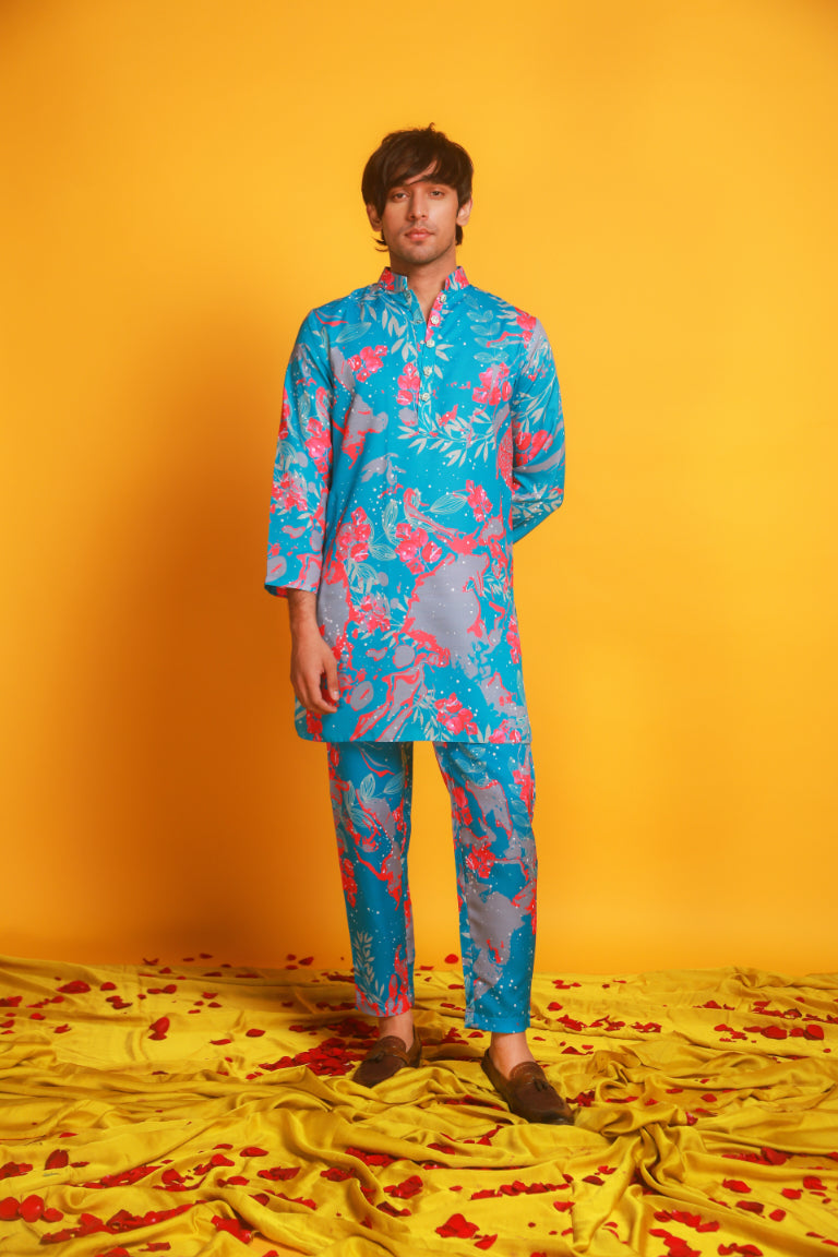 Printed Abstract Floral Blue Polyester Modal Kurta Pant Set.