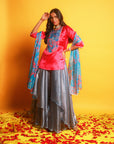 Pink Plain Satin Kurta With Blue Embroidered Yoke With Grey Organza Skirt And Blue Abstract Floral Polyester Cabi Dupatta Set.