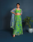 Abstract Floral Print Polyester Cabi Lehenga and Blouse With Pearl Border and Net Dupatta with Green Abstract Floral Polyester Modal and Pearl Border