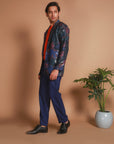 Black Houndstooth Print Satin Sequin Jacket With Polyester Cotton Orange Tshirt And Blue Cotton Pants Suit.