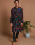 Black Print Houndstooth Crepe Kurta With Metallic Buttons And Satin Chudidar Set