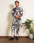 Black & White Leaves Print Polyester Modal Kurta Pant Set