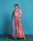 Floral Red And Peach Fuzz Polyester Modal Embroidery Yoke Long Dress With A Blue Abstract Floral Polyester Cabi Set.