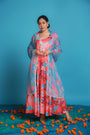 Floral Red And Peach Fuzz Polyester Modal Embroidery Yoke Long Dress With A Blue Abstract Floral Polyester Cabi Set.